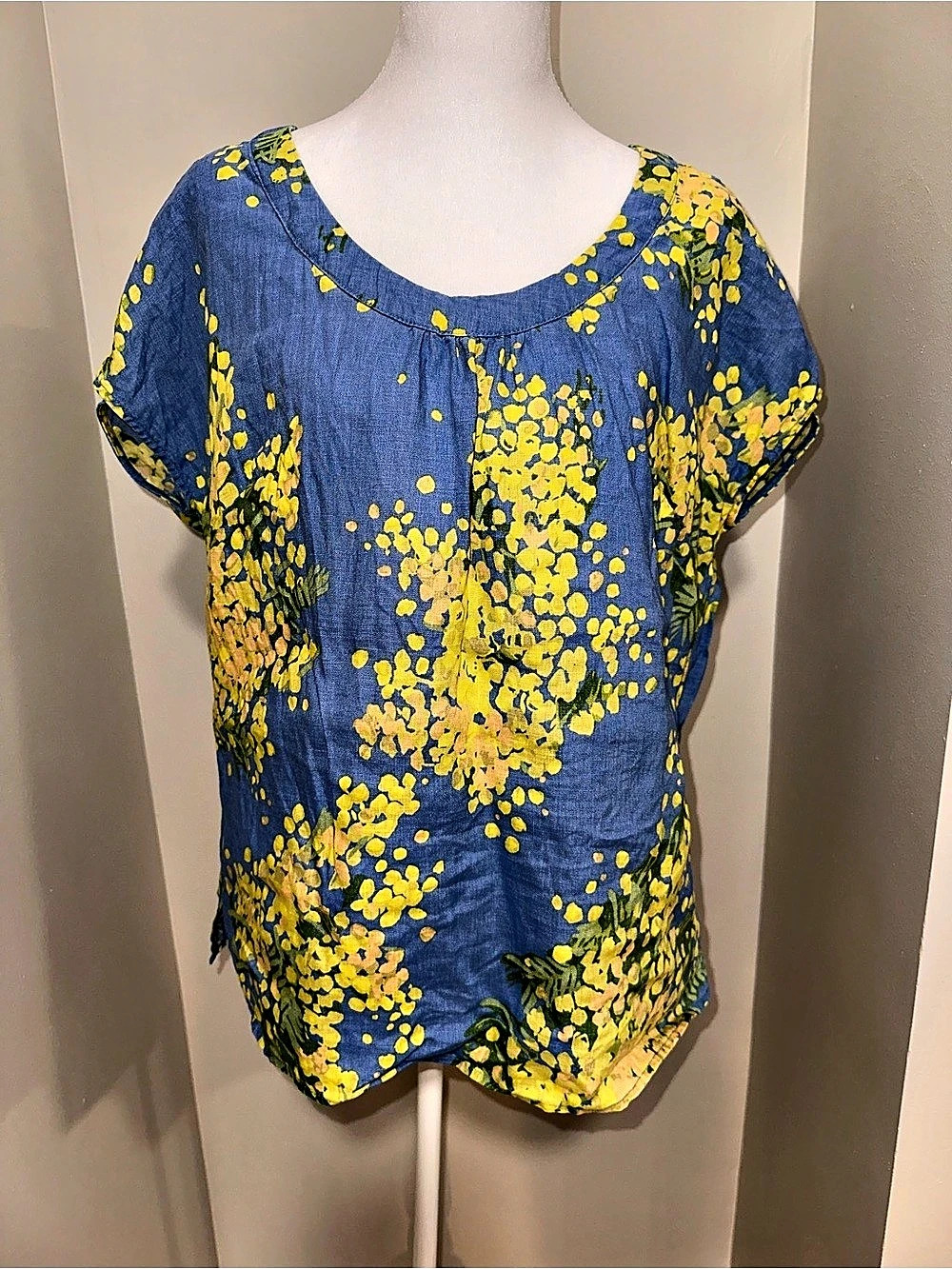 Boden Floral Linen Blouse Blue Yellow Short Sleeve Scoop Neck Womens Medium
